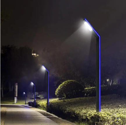 extruded iron decorative light posts at night